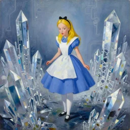 a beautiful painting of alice in wonderland, shining its light across a tumultuous sea of crystal architectures by dorothea tanning and empyrean, trending on artstation, futurism, cyber punk, octane render, high detailed, human : - 2, blur : - 2, depth of field : - 2, w 1 9 2 0, h 1 0 8 0