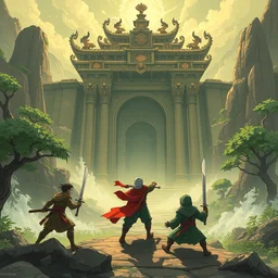 a dward ninja heroes facing an ancient temple, illustrated by trent kaniuga
