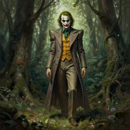portrait of the joker, forest, godlike, full body, fantasy, intricate, elegant, highly detailed, digital painting, artstation, concept art, sharp focus, illustration, art by artgerm and greg rutkowski and alphonse mucha