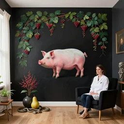 a female pathology student in her apartment, wild berry vines, pig, black walls, ikebana, pear, snakes, black armchair, sculpture, acrylic on canvas, surrealist, by magritte and monet