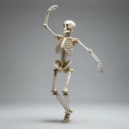 a skeleton dancing without a care, artistic photography, f stop, iso, gray dungeon background, very realistic, action shot, award winning socially conscious touching sad photo