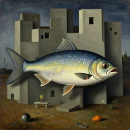 I have turned into a fish!, by Grant Wood, Brian Despain, surrealism, figurativism, Giorgio de Chirico, brutalism, artstation