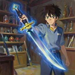 classical oil painting of anime environment concept art featuring a knife enchanted with energy, weapon shop interior, legendary item, shelf, fantasy, trending on artstation, stylistic, brush strokes, oil, canvas, by kawacy and makoto shinkai