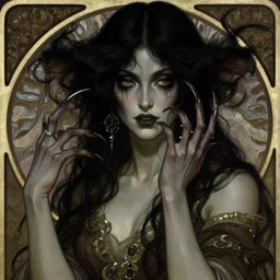 dark sensual cryptid woman, beautiful face, dark fantasy art, sharp claws, by alma tadema, by mucha