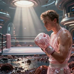 amazing detailed lucid surreal rendering by wes anderson and greg rutkowski, octane render, volumetric lighting, depth of field, futurisitic boxing gym in a dying utopia, radioactive swamp, boxing gloves made of rose quartz