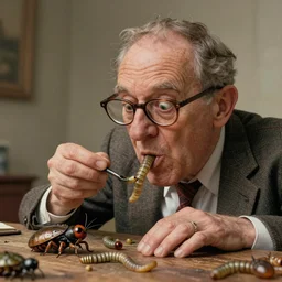 a funny charicature of Klaus Schwab eating some bugs and worms, cartoony, highly detailed, gruwesome details, 8k