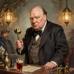 Winston Churchill as a fantasy D&D merchant, portrait art by Donato Giancola and James Gurney, digital art, trending on artstation