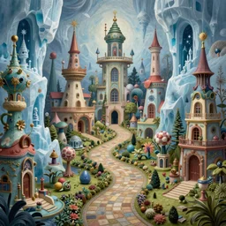 a beguiling mysterious masterpiece fantasy matte painting of an impossible path winding through arctic dream worlds with surreal architecture designed by heironymous bosch, structures inspired by heironymous bosch's garden of earthly delights, surreal ice interiors by cyril rolando and asher durand and natalie shau, insanely detailed, whimsical, intricate, sharp focus, sense of awe