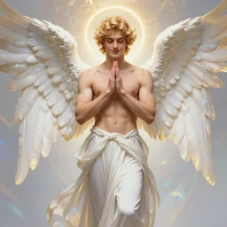 fullbody portrait of a beautiful young fit male angel with curly blond hairs, soft smile, closed eyes, blessing hands, dressed in long fluent skirt, majestic symmetrical eagle wings, luminous halo, by greg rutkowski and alphonse mucha, gradient white to gold, in front of an iridescent background, highly detailed portrait, digital painting, smooth, sharp focus illustration