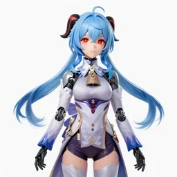 A beautiful robot girl with blue hair and glowing red eyes, official Genshin Impact character concept, anime, kawaii, full-body portrait, by Artgerm and Sakimichan, professional character designer, trending on Artstation, highly detailed, cgsociety