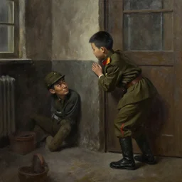 dark oil realistic painting of military uniformed kid about to sneak up of a man in communist appartment