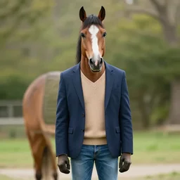 Bojack Horseman in real life, A horse wearing a blazer over a sweater and jeans, photo