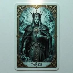 Tarot card of the Shadow King, highly detailed portrait, gothic, high fantasy, Teal paper, Smoke swirls, ultra-detailed, ornate, elaborate, intricate metallic details, mixed media, realistic composition, point of interest at golden ratio, light from top, more darkness on bottom, high quality of sketching, highly detailed, octane render, 8k,