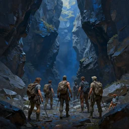 a party of adventurers exploring a claustrophobic dark blue canyon of stone, oil painting, greg rutkowski, unreal engine, octane render, highly detailed - 5 7 6