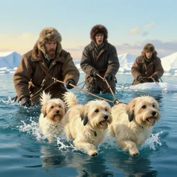 havanese dogs pulling arctic explorers from the water, 1 9 0 0, tartakovsky, atey ghailan, goro fujita, studio ghibli, rim light, scary, afternoon lighting, clear focus, very coherent