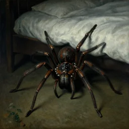 an enormous spider emerging from under a bed by odilon redon, dark room, ominous
