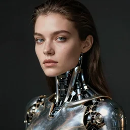 close - up portrait of beautiful young woman with cybernetic dress, art by mario testino
