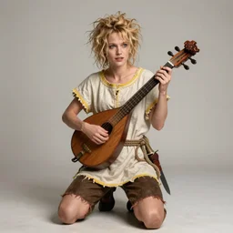 fantasy character, photograph. female bard 1 9. plain, offwhite, shortsleeved tunic yellow trim. kneelength brown shorts, rope for belt. fancy cittern. hot mess, shabby unfeminine peasant clothing, messy hair, fancy cittern, fancy dagger, pretty face, extremely charismatic. julia garner. pale skin, shortish sandy - blonde hair, messy curls. petite, ectomorphic, wiry. photographic realism with lots of detail