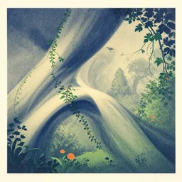 bending and twisted isometric planes flowing, grainy, risograph, dramatic lighting, flowing, lush overgrowth, ivy, vines, flowers, trees, birds, fog, matte print, muted colors, mads berg, victo ngai, moebius, dark blue + greens + beige + orange