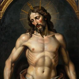 the blasphemous caricature of the male body, hyperealistic detailed photography, divinity, awful, religious art