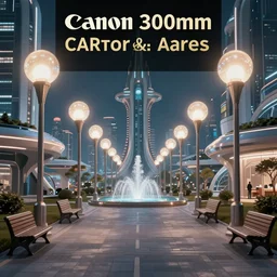 photo of a futuristic landscape with futuristic buildings, lamp posts with floating illuminated glowing white orbs on top, sidewalks with scattered benches on the sides, fountain in the middle, highly detailed, high quality, HD, 4k, 8k, Canon 300mm, professional photographer, 40mp, lifelike, top-rated, award winning, realistic, sharp, no blur, edited, corrected, trending