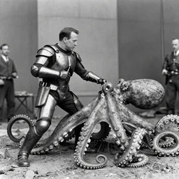 old black and white photo, 1 9 1 3, depicting bruce willis in combat armor fighting giant octopus, historical record, tentacles around