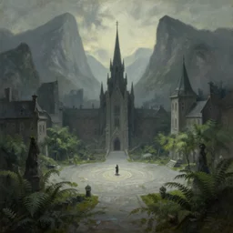 city square in the dwarven metropolis of water and ferns, located between the mountains. oil painting by award - winning visual concept artist, gothic horror, impressionism, depth of field, backlighting, minimalism