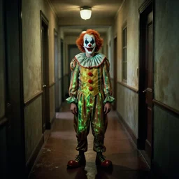 clown, man standing in a hallway, 1 9 4 0 s architecture, surreal photography, soft lighting, creepy, horror, macabre, bioluminescence, photography by annie leibovitz
