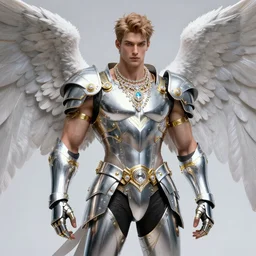 a beautiful muscular male angel wearing a silver chrome armor with golden ornaments and diamonds jewelry by alex gray and android jones, karol bak, ayami kojima, amano, concept art, character design, fantasy, 3 d, 8 k resolution