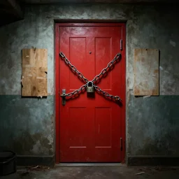 red door, in a basement, boarded up, padlocks, chains across door, padlocked, forbidden creepy mood, game art matte painting hyperdetailed, artstation, cgsociety, 8 k, surreal dream landscape