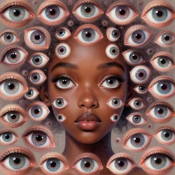 eyes!! a black girl with many eyes!, surreal art by colin christian and junji ito and anton semenov, trypophobia! eyes, eyes everywhere, symmetry!