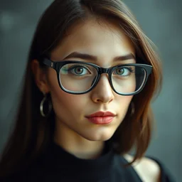 a portrait photograph of a nerdy young woman from sao paulo with big glasses and a black dress, dof, sharp focus, highly detailed face, symmetric face, realistic iris, cinestill 8 0 0 t, photography by paolo roversi