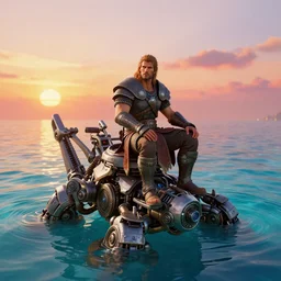 full length portrait of a male warrior sitting on a strange mechanical contraption next to the ocecan with clear water, rendered in bryce 3 d and daz, ray - tracing, water ripples, sunset, vibrant color, depth of field, cinematic lighting, focused, rule of thirds, trending on artstation