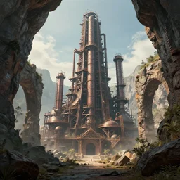 An industrial pantheon towering over a valley, rock arches, digital art, artstationhq