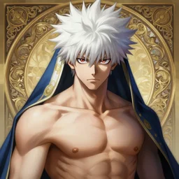 painted portrait of killua zoldyck, hunter hunter, hunterpedia, madonna, white hair, masculine, mature, handsome, upper body, muscular, fantasy, intricate, elegant, highly detailed, digital painting, artstation, concept art, smooth, sharp focus, illustration, art by gaston bussiere and alphonse mucha