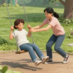 jigsaw from Saw films being pushed by his mother on the swing at a park