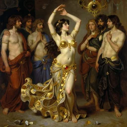 hyper realistic painting of fusion bellydance, gold ornaments, flowing fabric, intrincate detail by wayne barlowe, gustav moreau, goward, gaston bussiere and roberto ferri, santiago caruso, and austin osman spare, ( ( ( ( occult art ) ) ) ) bouguereau, alphonse mucha, saturno butto