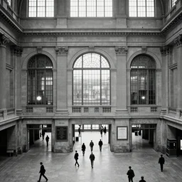 small people inside of a tall railway station, photo by Brassaï,
