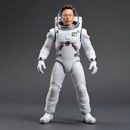 elon musk in spacesuit action figure in heroic pose, product photography,