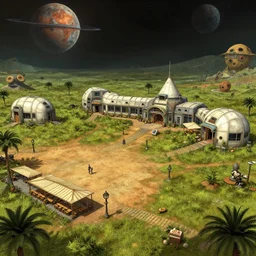 next to a open plaza area with a restaurant at the side, in the middle of a outpost, with buildings made from modular capsules, on an alien grassland, on an alien planet, from a space themed point and click 2 d graphic adventure game, set design inspired by hg giger and ridley scott and tomb raider, art inspired by thomas kinkade