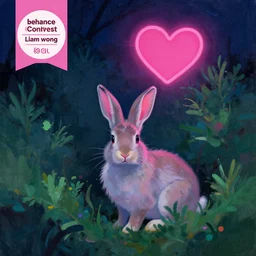 a painting of a rabbit in the shrubs at night with a pink neon heart above it, a digital painting by Peter Mohrbach and liam wong, behance contest winner, art on instagram, digital painting, retrowave