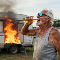 an old toothless bloke wearing a tank top, reflective sunglasses, drinking beer, laughing at his trailer being on fire, high quality, very detailed, a beautiful photo, national geographic quality