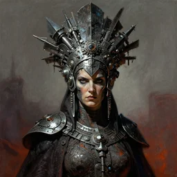 empress of the wasteland, scrap metal headdress, strong line, deep color, high contrast, beautiful! coherent! by brian froud, by frank frazetta