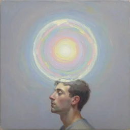 An orb of light oribiting around a mans head, oil on canvas painting, pastel colours
