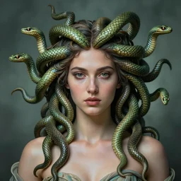 realistic mythological greek medusa, snakes on the head, by anna dittmann