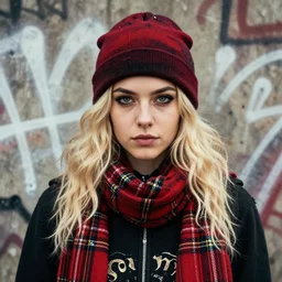 highly detailed portrait of a sewer punk lady student, beanie, tartan scarf, wavy blonde hair by atey ghailan, by greg rutkowski, by greg tocchini, by james gilleard, by joe fenton, by kaethe butcher, gradient red, black, brown and cream color scheme, grunge aesthetic!!! white graffiti tag wall background