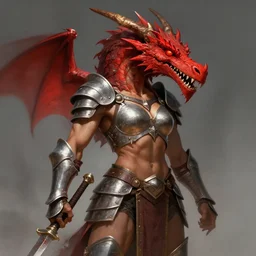 muscular woman warrior, fully armored, wearing an enormous red dragon head, dnd character art, clyde cadwell