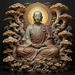 ancient japanese monk, enlightenment, by kiki smith, by zdzisław beksinski, by wangechi mutu, full body, third - person, zoomed out, mycelium, mycena acicula, tremella - fuciformis, insanely detailed and intricate, hypermaximalist, elegant, ornate, hyper realistic