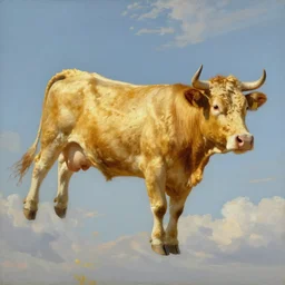 An Oil Painting Of A Flying Golden Cow In The Sky