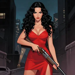 artgerm, joshua middleton comic cover art, full body pretty megan fox holding a shotgun, red dress, symmetrical eyes, symmetrical face, long curly black hair, dark city background, cinematic lighting